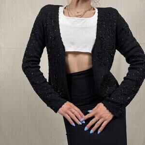 Vintage Y2K DKNY black beaded cardigan tonal beadwork floral